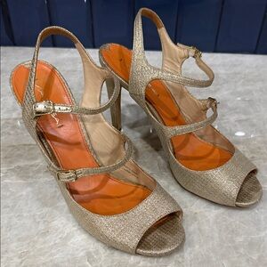 Via Spiga Gold Strappy Peep-Toe Heels with Orange Insole size 11. EUC